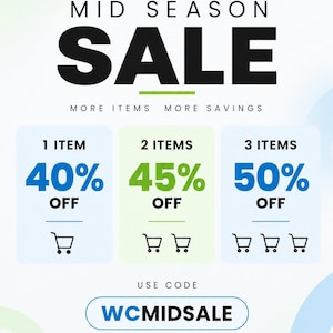 Puede incluir: Un gr&aacute;fico promocional para una venta de mitad de temporada de Wireless City. Muestra descuentos escalonados: 40% en un art&iacute;culo, 45% en dos art&iacute;culos y 50% en tres art&iacute;culos. El c&oacute;digo WCMIDSALE y el sitio web WirelessCity.Us aparecen claramente.