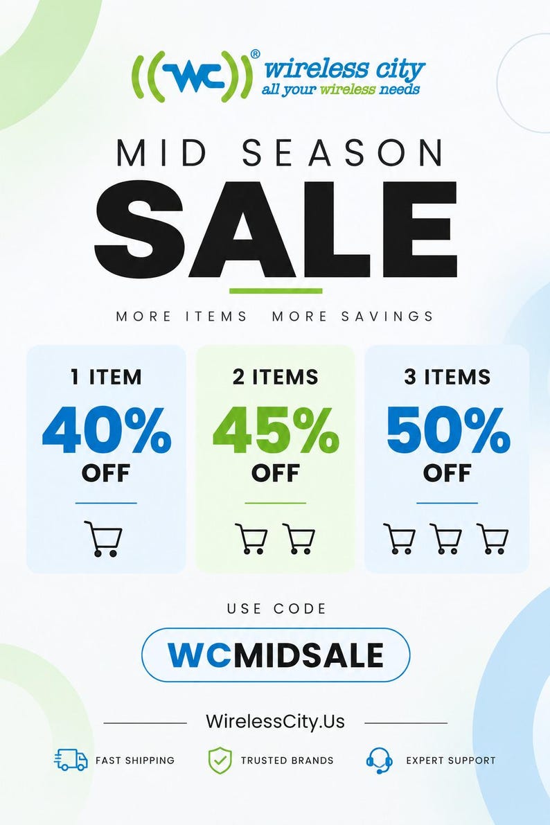 Puede incluir: Un gr&aacute;fico promocional para una venta de mitad de temporada de Wireless City. Muestra descuentos escalonados: 40% en un art&iacute;culo, 45% en dos art&iacute;culos y 50% en tres art&iacute;culos. El c&oacute;digo WCMIDSALE y el sitio web WirelessCity.Us aparecen claramente.