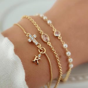 Gold Layered Bracelet Set, Dainty Initial Cross Bracelet Stack, Pearl Birthstone Bracelets, Personalized Gold Jewelry Gift for Her