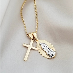 Dainty Virgin Mary Necklace with Cross, Miraculous Pendant, Catholic Necklace, Religious Necklace, Baptism, 18k Gold Filled