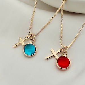 Children&#39;s Cross Necklace, Gold Kids Dainty Cross Necklace, Baptism Gift for Her, Christening, Toddler Baby Girl Cross, Birthstone Necklace