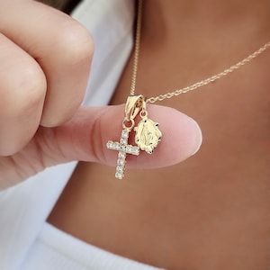 Dainty Virgin Mary Cross Necklace | Gold Religious Necklace | Baptism Necklace | Virgin Mary Medal | Religious Jewelry | Protective Necklace