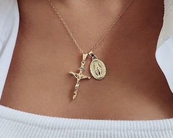 Virgin Mary and Jesus Cross Necklace: 18k Gold Filled Jewelry