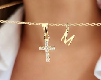 Personalized Cross Necklace Women Custom Initial Womens Jewelry Cross Pendant Necklace Baptism Christian Catholic Gifts for Her