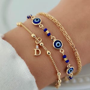 18k Gold Filled Bracelet Set: Custom Initial, Dainty Layering, Evil Eye