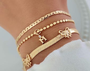 18k Gold Filled Bracelet Set: Custom Initial, Dainty Layering Chains