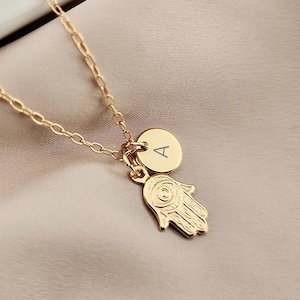 Colar pequeno e delicado de Hamsa com inicial, colar de mau olhado da sorte, joias de proteção, colar delicado de mau olhado, colar de ouro