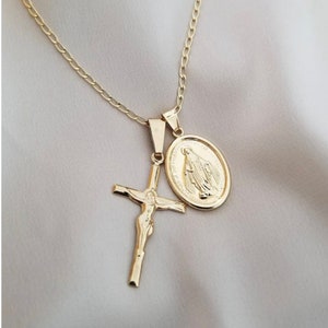 Dainty Virgin Mary Necklace with Cross, Miraculous Pendant, Catholic Necklace, Religious Necklace, Baptism, 18k Gold Filled, Gift for Her