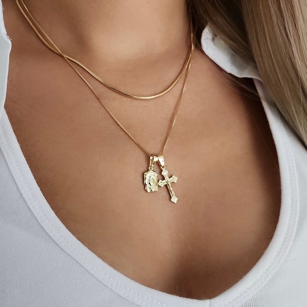 18K Gold Cross Necklace, Cross Charm Necklace, Dainty Gold Crucifix Pendant, Religious Jewelry. Moms Gift