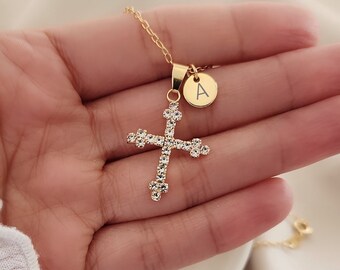 HZMAN Collana Donna Con Ciondolo Croce In Zirconia Cubica - Placcata Oro 18K, Dainty Retrò, Regalo Con Confezione
