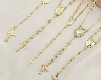 18k Gold Filled Rosary Necklace: Dainty Layering Cross, Religious Gift