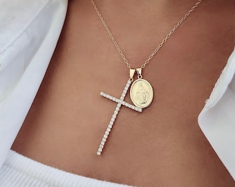 Dainty 18k Gold Filled Virgin Mary Cross Necklace