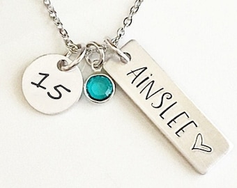 15th Birthday Necklace: Personalized Name, Birthstone Charm