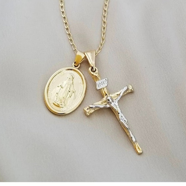 Collar con cruz de la Virgen María chapado en oro de 18 quilates