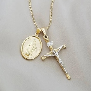 18k Gold Filled Cross & Mary Necklace: Christian Jewelry