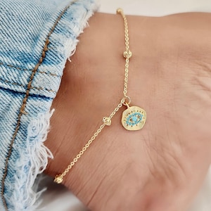 Blauwe boze oog enkelband: 18k gold filled enkelband met kralen