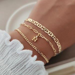18k Gold Filled Initial Bracelet Set: Dainty Layering Chain Bracelets