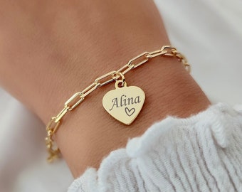 Custom Name Heart Bracelet: 18k Gold Filled Engraved Jewelry