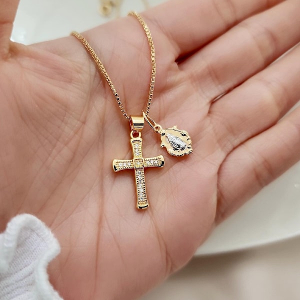 Dainty 18k Gold Filled Virgin Mary & Crucifix Necklace