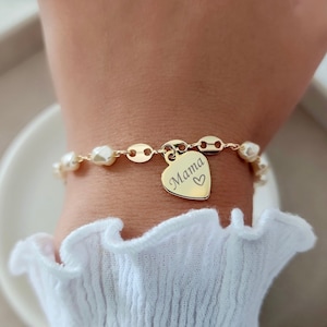 Custom Name Heart Bracelet: Pearl Bead, Engraved Mom Gift