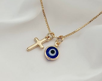 Collar con cruz y ojo turco de oro laminado de 18 quilates, dije minimalista y delicado