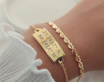 Personalized Coordinates Bracelet: 14k Gold Plated Latitude Longitude Jewelry