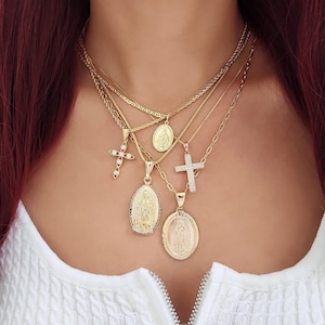 Dainty Virgin Mary Necklace, Cross Necklace, Miraculous Pendant, Catholic Necklace, Religious Necklace, 18k Gold Filled, Gift for Her