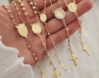 18k Gold Filled Rosary Necklace: Dainty Layering Cross, Religious Gift