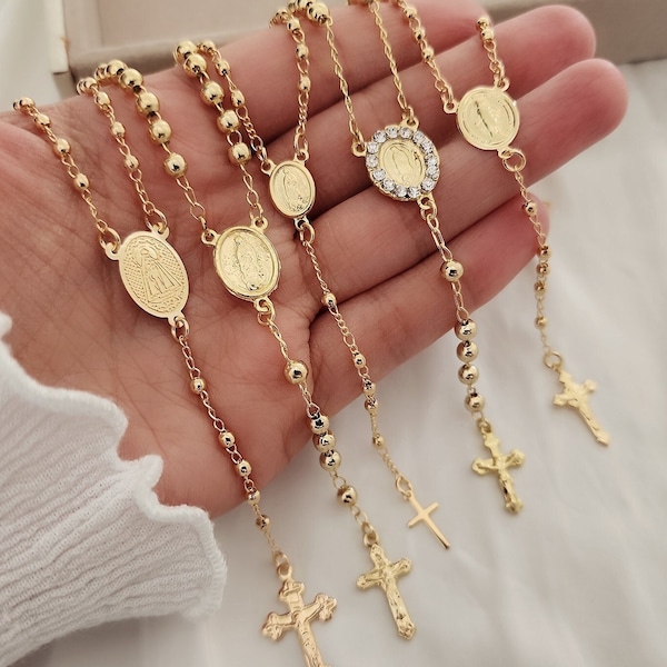18k Gold Filled Rosenkranz-Halskette: Zierliches überlagertes Kreuz, religiöses Geschenk