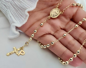 18K Gold Filled Rosary Necklace for Women, Virgin Mary Miraculous Medal, Gold Beaded Y Necklace, Catholic Cross Jewelry, Religious Gift
