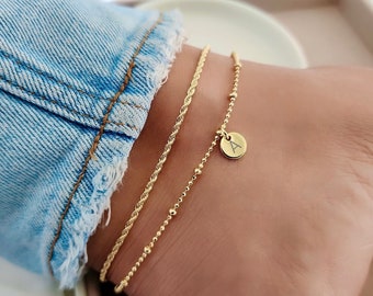 Gold Initial Anklet SET of 2: Personalized 18K Gold Filled Ankle Bracelets