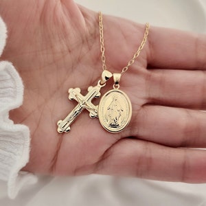 Dainty Virgin Mary Cross Necklace | Gold Religious Necklace | Baptism Necklace | Virgin Mary Medal | Religious Jewelry | Protective Necklace