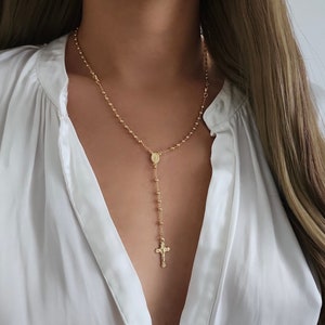 Cross Rosary Necklace / 18k Gold Rosary Bead Necklace / Rosary Bead Necklace / Cross Necklace / Virgin Mary Necklace / Virgin Mary Medallion image 1