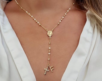 18k Gold Filled Rosary Necklace with Initial Charm, Personalized Cross Necklace for Layering, Custom Rosary Jewelry, Personalized Religious