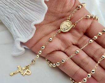 18k Gold Filled Rosary Necklace: Personalized Initial Charm, Religious Jewelry