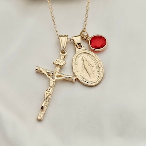 Zierliche Jungfrau Maria Kreuz Halskette | Gold religiöse Halskette | Jungfrau Maria Medaille | Kruzifix-Anhänger | Religiöser Schmuck | Schützende Halskette
