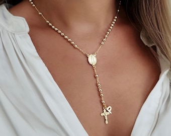 18k Gold Filled Rosary Necklace with Initial Charm, Personalized Cross Necklace for Layering, Custom Rosary Jewelry, Personalized Religious