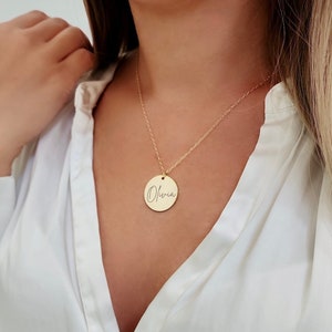 Gold Engraved Disk Necklace, Custom Gold Necklace, Personalized Disc Necklace, 14k Gold Disk jewelry gift for her