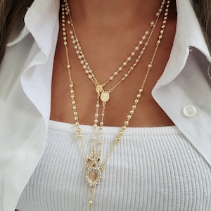18k Gold Filled Rosary Necklace: Mary Charm, Personalized Cross Jewelry