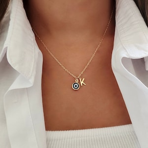 Collier mauvais œil avec lettre initiale, collier mauvais œil porte-bonheur, bijoux de protection, collier mauvais œil, cadeau, collier mauvais œil, collier en or