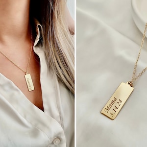 14k Gold Personalized Bar Tag Name Necklace,  Minimalist Name Initial Date Engraved Tags Pendant, Handmade Name Tag Jewelry, Gift for Her