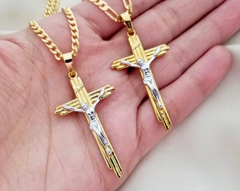 Mens Two-Tone Crucifix Necklace, 18k Gold Filled