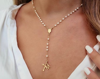 18k Gold Filled Rosary Necklace with Initial Charm, Personalized Cross Necklace for Layering, Custom Rosary Jewelry, Personalized Religious