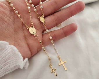 18k Gold Filled Rosary Necklace: Mary Charm, Personalized Cross Jewelry