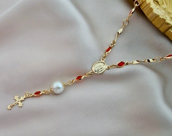 Rosary Necklace / 18k Gold Rosary Bead Necklace / Rosary Bead Necklace / Cross Necklace / Virgin Mary Necklace / Virgin Mary Medallion