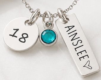 18th Birthday Necklace: Personalized Name, Birthstone Charm