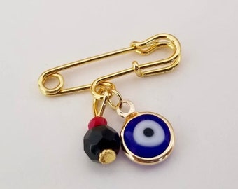 Azabache Baby Pin, 18K Gold Filled Pin, Azabache Charm, Babay Charm, Lucky eye Bracelet, Baby bracelet, Evil eye bracelet, Mal de Ojo Pin