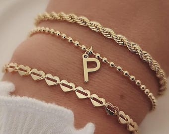 18k Gold Filled Bracelet Set: Custom Initial, Dainty Layering Chains