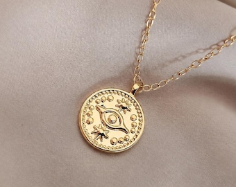 Collier mauvais œil : or 18 carats rempli, pendentif de protection, cadeau pour femme