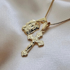18k Gold Cross Jesus Necklace, Cross Necklace, (1) Chain & (2) Charms, Christian Gifts, Minimalist Necklace, Baptism necklace, Women gift